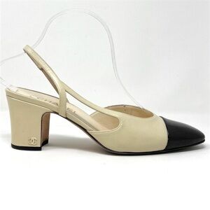 Chanel Two Toned Logo Black Cream Leather Block Heel Slingback Pumps